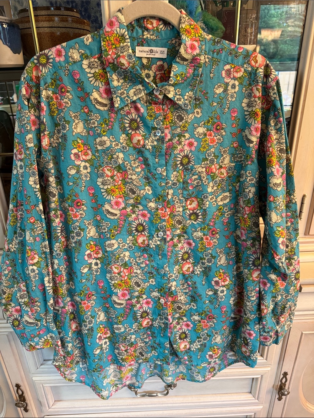 NATURAL LIFE Turquoise Floral Button-Up Top Oversized XS/S